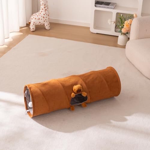 Cat Tunnels for Indoor Cats Straight Capybara Plush Peekaboo Cat Tunnel Toy Collapsible Suede Pet Tunnel Tube for Kittens Play Toy, 31.5" L - size: Small Straight Tunnel