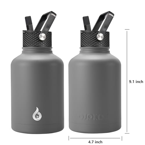 BJPKPK 50oz Stainless Steel Insulated Water Bottle, Vacuum Water Bottle with Straw, Leak Proof, Hot & Cold Insulation, 3 Lids & Paracord Handle, Gray | with Straw Lid, 3 Lids & Paracord Handle, Keep Cold & Hot, BPA-Free Leak-Proof Water Jug for Gym Sports