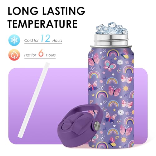 Kids Water Bottle 16oz Purple Water Bottle with Straw, Butterfly (1pc) | Girls Stainless Steel Water Bottle BPA-Free Leak Proof Insulated Water Bottle Butterfly Gifts for Girl School Travel Birthday - color: Butterfly1, size: 16 Ounces