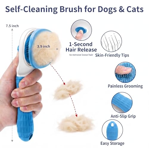 5-in-1 Dog Grooming Kit with Self Cleaning Brush & Rake, Blue | Best Push-Button Self-Cleaning Puppy Grooming Set with Undercoat Deshedding Rake & Steel Combs for All Long Short pet hair - color: Blue