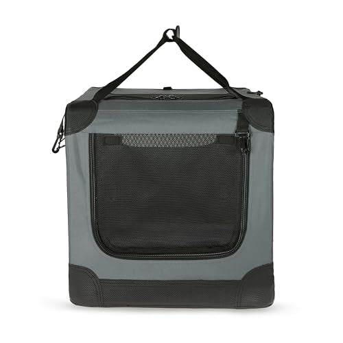 Amazon Basics 4-Door Portable Folding Soft Dog Crate, Collapsible Travel Kennel for Cat, Dog, and Small Animals, Pop Up with Fleece Mat, Water-Resistant Base, Grey, 36" x 24" x 24" - color: Grey, size: L 36" x 24" x 24"