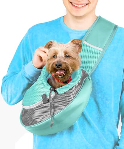 Cuddlissimo Small Dog Sling Carrier, Pet Cat Sling, Puppy Pouch - Lagoon-S | Teacup & toy breeds under 6 lbs, Yorkie, Chihuahua, kitten, wearable purse-style shoulder bag, hands-free chest carrying - color: Blue Lagoon