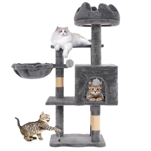 Cat Tree Tower with Hammock,40" Cat Trees for Indoor Cats Large Adult(Grey) | Modern Cat Tree Tower with Scratching Post, Cats Condo Furniture with Cloud Top Perch, Cats Climbing Tower for Kittens - color: Grey