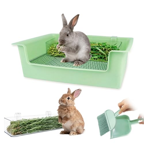 Rabbit Litter Box with Steel Grids, Low Entry Bunny Litter Pan with Hay Feeder & Broom, 15.4x11.2x4.7 inch for Rabbits Guinea Pigs Ferrets Small Animals (Green)