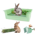 Rabbit Litter Box with Steel Grids, Low Entry Bunny Litter Pan with Hay Feeder & Broom, 15.4x11.2x4.7 inch for Rabbits Guinea Pigs Ferrets Small Animals (Green)