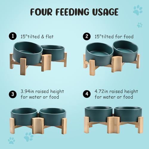 SPUNKYJUNKY 15° Slanted Ceramic Dog and Cat Bowl with Wooden Stand, Tilted Bulldog Food and Water Bowl No Slip Non-Spill for Cats Medium Dogs Big Face Pets 28.7 OZ (3.6 Cups, Green × 2) - color: Green, size: 3.6 CUPS × 2