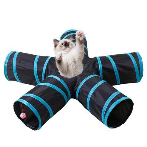 Pet Cat Tunnel, 5 Way Tunnels for Indoor Cats, Collapsible Pet Tunnel for Kitten, Puppy, Rabbit, 25cm-Wide Tunnels, Durable & Breathable, with Peek Hole Toy Ball - color: 5-way & Black/Blue