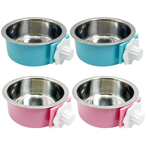 Tfwadmx 4 Pcs Crate Dog Bowl Cat Removable Stainless Steel Food and Water Feeder Hanging Cage Bowls Coop Cup with Cleaning Set for Pet Puppy Bird Rat Guinea Pig Ferret Bunny Rabbit (Light Blue, Pink) - color: Light Blue, pink (4 PCS)