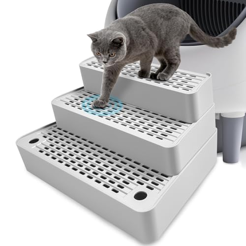 Adjustable 3 Steps Cat Litter Box Step, Litter Box Ramp/Catcher | Filter Function, Non-Slip, Easy to Clean,Cat Litter Stair, Small & Elderly Cats, Fits Automatic Litter Box Steps, Light Grey
