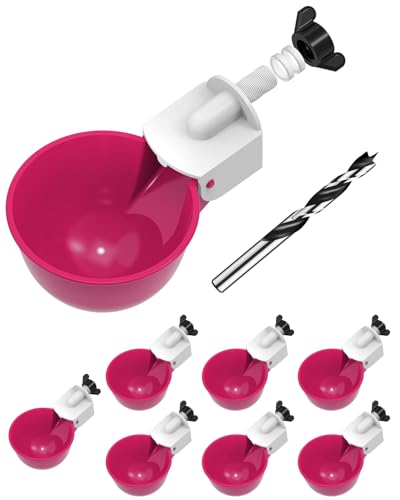 Chicken Waterer Cups (8 Pack) with 3/8" Drill Bit - Purplish Red | Automatic Poultry Drinker Feeder Kit for Chickens, Ducks, Turkeys, Quail, Bunnies | DIY Gravity Fed Bucket Water Dispenser - color: Purplish Red, size: 8 Pack + Drill bit