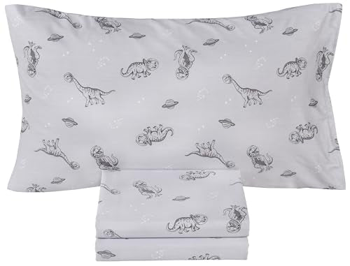 Scientific Sleep Gray Dinosaur Space Walk Universe Travel 100% Cotton 3 Pcs Twin Bed Sheet Set Kids Toddler Teen, Flat Sheet & Fitted Sheet & Pillowcase Kids Bedding Set Twin - color: Gray Dinosaur, size: Twin