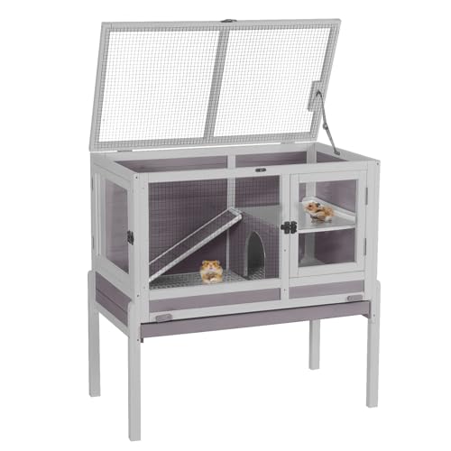 Aivituvin Wooden Guinea Pig Cages Indoor with Removable Stand, Anti Chewing Rabbit Hutch with Ramp and Wire Mesh, 2 Story Small Animals House Habitat with Pull Out Tray (Gray&Purple) - color: Gray&Purple