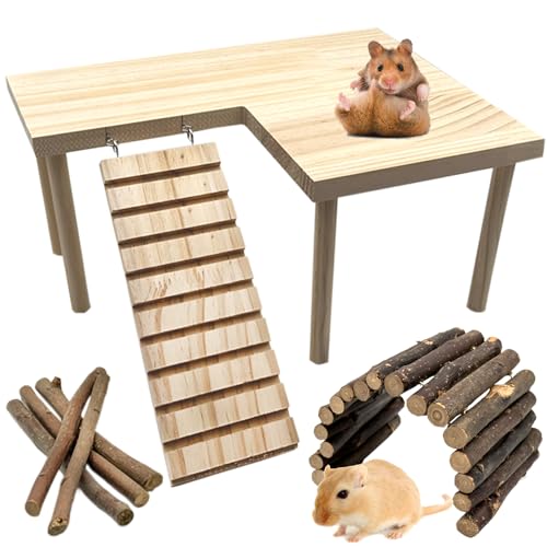 Wooden Hamster Platform with Legs, Large Syrian Hamsters Climbing Platforms with Ramp Kit Wood Ladder Bridge Rat Playing Toy Standing Table Gerbil Cage Accessories - size: Large
