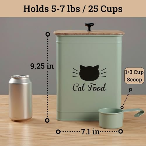Metal Cat Food Container with Scoop 5-7 lb (25 Cup), w/ Airtight Bamboo Lid | Cat Kibble Canister with Metal Scoop, 25 Cups, Chew Proof Iron Body, Powder Coated, Airtight Bamboo Lid, Sturdy Metal Handle - color: Sage Green