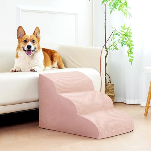Dog Stairs for Small Dogs, 3 Tiers High Density Foam Dog Ramp, Extra Wide Non-Slip Pet Steps for High Beds Or Couch, Soft Foam Doggie Ladder for Dogs Injured, Older Pets, Small Cats - color: Pink, size: 3 Steps