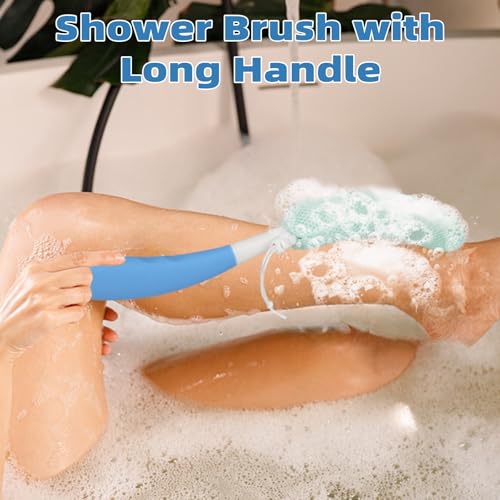 Shower Back Body Brush with Long Handle，15.35"Back Scrubber for Men & Women | Body Brush for Bath with Anti Slip Long Handle,Exfoliating Mesh Sponge Body Scrubber, Removable Curved Back Scrub Brush - size: Blue+Green Handle