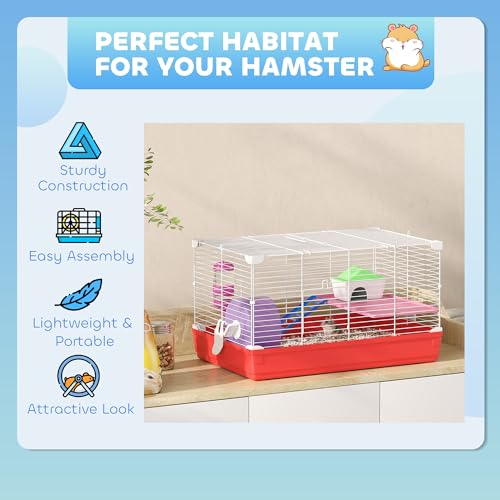 PawHut 18.5" Hamster Cage Exercise Wheel Water Bottle 2-Story Design Red | Dish, Rat House, Habitat