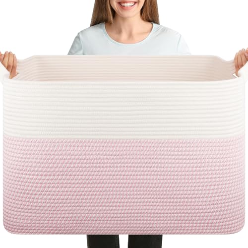 OIASKET 108L Cotton Rope Storage Basket for Living Room and Bedroom 25"x16"x16" Woven Laundry Basket, Heavy Duty Bin for Blankets, Pillows & Toys, Pet-Safe & Scratch-Free, Pink and White - color: Pink & White