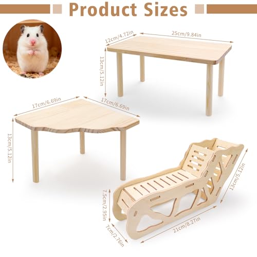 3 Sets Wooden Hamster Platform for Cage Accessories Natural Wood Climbing Toy Hideout, Expandable Habitat Decor for Dwarf Syrian Hamsters, Gerbils, Mice, Degus Sturdy Chew-Safe