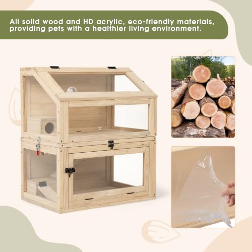 COZIWOW Hamster Cage, 2-in-1 Detachable 2-Tier Stackable Chewproof Wooden Small Animal Habitat with Ramps & Hideouts, 270° Panoramic Acrylic View Openable Wire Top, Large Rat House for Syrian - color: Wood