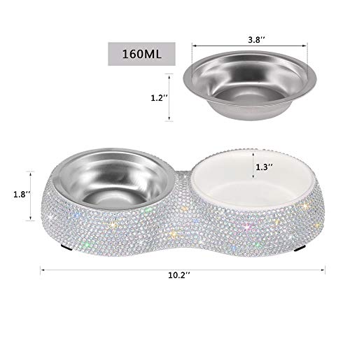 SAVORI Small Dog Bowls, Handmade Bling Rhinestones Stainless Steel Pet Bowls Double Food Water Feeder for Puppy Cats Dogs Cats (AB Color-320ml) - color: AB Color-320ml