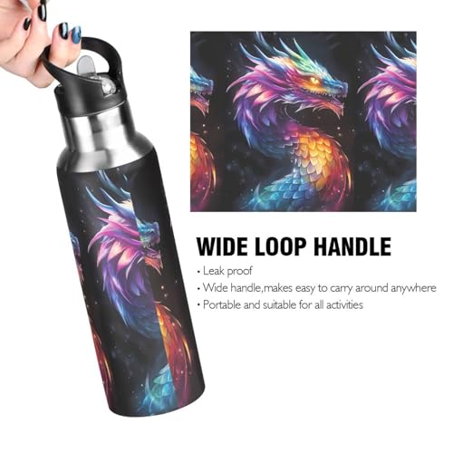 Neon Dragon Water Bottle Kids Insulated Sports Vacuum Stainless Steel Mug with Straw Lid & Handle 20 oz - color: A002