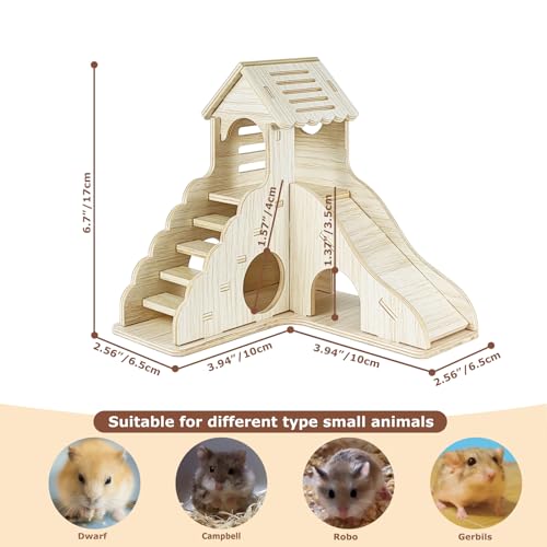 Wood Hamster Hideout House Habitat Wooden Maze Hide Hut with Climbing Ladder and Platform Cage Accessories Toys for Dwarf Gerbils Mouse Mice Rat Other Small Animals etc. (01 Right Angle House)