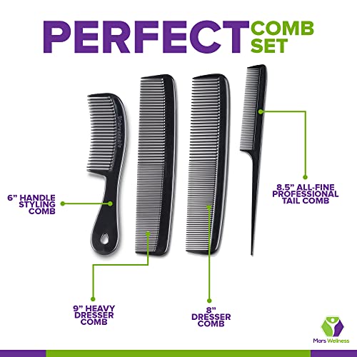 Mars Wellness 4 Piece Professional Black Comb Set for Women, Men -USA MADE | Rat tail, dresser & styling combs for teasing, parting, backcombing & sectioning. Premium grade, barber quality, black - color: Black, size: 4 Piece Set