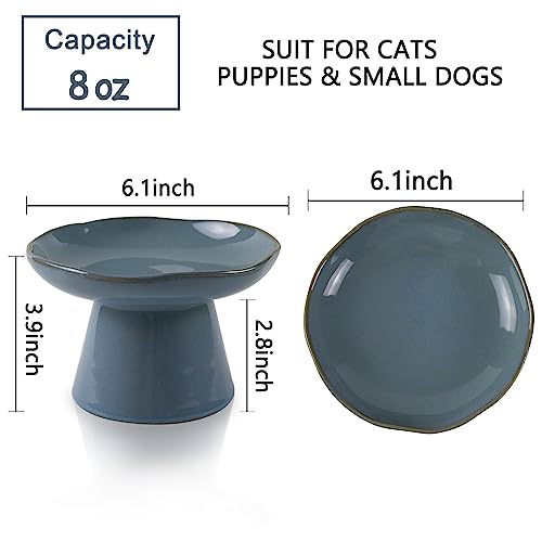 Extra Wide 6.1" Ceramic Raised Cat Food Bowl, Shallow Elevated Pet Feeder for Food Feeding, Anti Vomiting Whisker Fatigue Bowls for Cat Puppy, Blue - color: Blue-Shallow