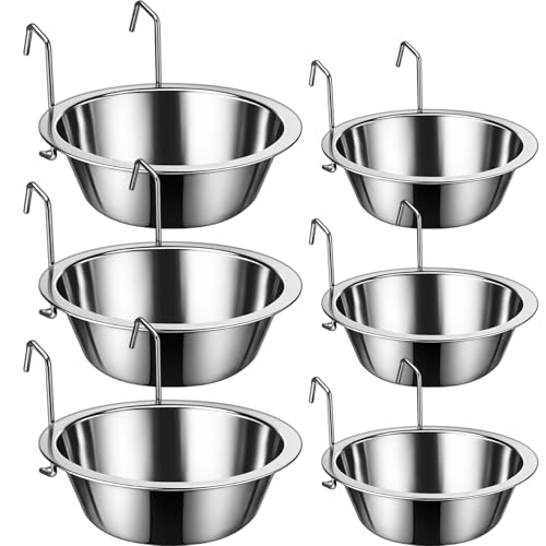 6 Pack Hanging Dog Kennel Bowls, No Spill Crate Water Bowl Food Feeder for Cage Removable Coop Cup with Hook Holder for Puppy Small Cat Ferret Rabbit Stainless Steel Dogs Dish 10 & 20oz