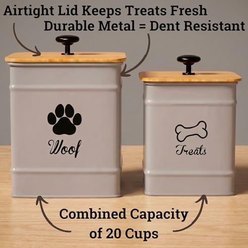 Dog Treat Container Set of 2 with Airtight Bamboo Lids - 8x6 & 7x5 inch | Fits All Popular Treats, Up to 20 Cups Combined Capacity, Airtight Bamboo Lid, Easy Open Lid, Dent-Resistant Durable Metal - color: Gray - Large