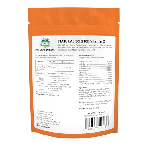 Oxbow Vitamin C Guinea Pig Supplement, High-Fiber Timothy Hay, 4.2 oz | Stabilized Vitamin C, High Fiber, Guinea Pig Vitamin C, Timothy Hay, Immune Health, Small Pet Supplies, Vet Recommended - size: 4.2 Ounce (Pack of 1)