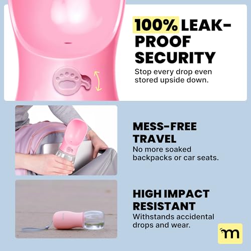 MalsiPree On the Go Dog Water Bottle - 12 oz Pink, Leak-Proof | 12oz leak-proof bottle & built-in bowl - one-hand use - Use for dog travel, hiking, park & beach days - color: Pink, size: 12oz - Standard