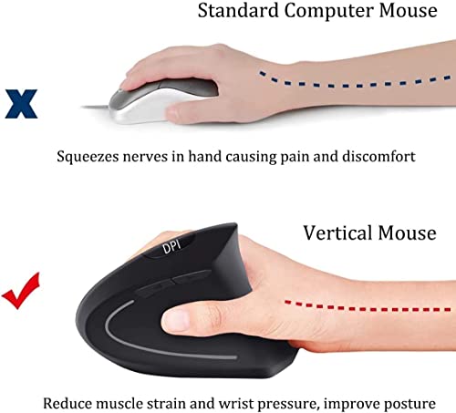 Ergonomic Mouse, 2.4G Optical Wireless Vertical Mouse with 6 Buttons - 3 Adjustable DPI 800/1200/1600 for Laptop, PC, Computer, Desktop, Notebook etc, Specially for Right-handers - color: Black - Right Hand - Battery