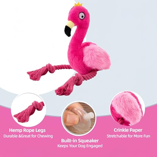 Plush Flamingo Dog Toy with Squeaker and Rope Legs for Small Dogs Puppies | Soft plush material with fun sounds, perfect for tugging, fetching, indoor play and bonding with your furry companion. - color: Pink Flamingo