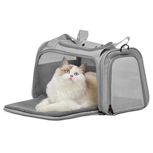 PETSFIT Cat Carrier, Grey, Small and Medium Cats Under 12 Lbs | Airline Approved, Soft Carrier, Soft Cat Travel Bag, Kitten Carrier with Extendable Mat - color: Grey, size: Medium