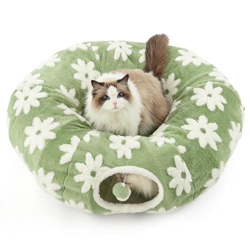 Lesure Donut Cute Jacquard Cat Tunnel Bed Kitten Toys for Puppy Bunny | 33.5x33.5x10in,Round Cat Bed Tube for Indoor Cats Rabbit Dog,Pet Peekaboo Cave Toy,Spiral Hideaway,Washable Cushion,Green - color: Flower Garden Green, size: Standard (33.5"L x 33.5"W