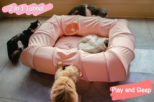 XxingSheep 4 Ways Shuttled XL Cat Tunnel Bed for Indoor Cats Peekaboo Cat Cave Donut with Cool Mat (Pink) - color: Pink, size: Extra Large