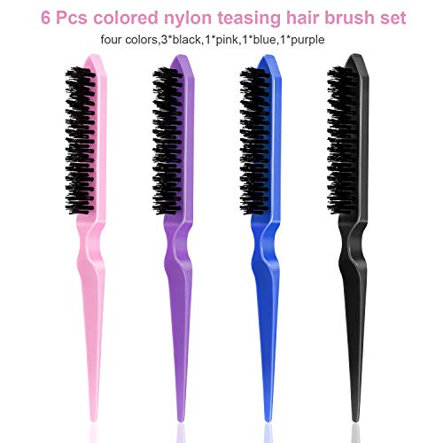 Yaomiao 6 Pcs Teasing Brush Set 3 Row Nylon Rat Tail Combs for Fine Hair | Back Combing, Root Lifting, Scalp Massage, Hair Brushes for Women Salon Home Use, Black, Blue, Pink, Purple - color: Black, Blue, Pink, Purple