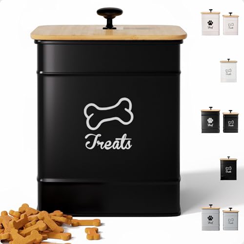 Dog Treat Container with Airtight Bamboo Lid, 5"W x 7"H, 7 Cup Capacity | Fits Most Popular Treats, 7 Cups Capacity, Airtight Bamboo Lid, Easy Open Metal Lid Handle, Dent-Resistant Durable Metal - color: Black - Small