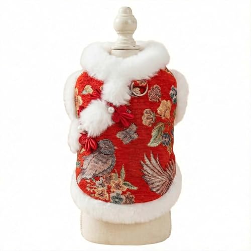 Dog Chinese New Year Clothes Cat Tang Costume Outfit,Tassels Dog Cheongsam Tang Suit,Winter Fleece Pet Jacket Clothes (Red, S) - color: Red, size: S(Bust14.1inch|Weight 4-6LBS)