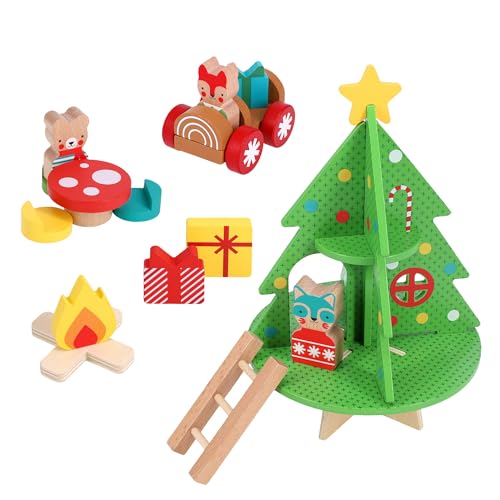 Petit Collage: Christmas Treehouse Wooden Play Set – Eco-Friendly FSC Wood Toy for Toddlers 12mo+ – Features Treehouse with Ladder, Animal Figures, Yule Log Car,Table & Accessories – Cozy