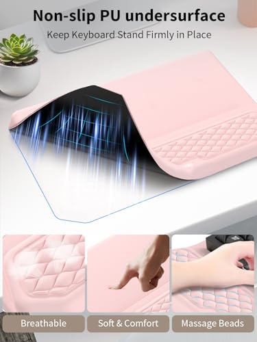 3-in-1 Ergonomic Keyboard Stand with Wrist Rest & Mouse Pad Set, Pink | Comfy Keyboard Riser Holder Soft Mousepad with Massage Design, Memory Foam and Non-Slip PU Base for Pain Relief - color: Light Pink