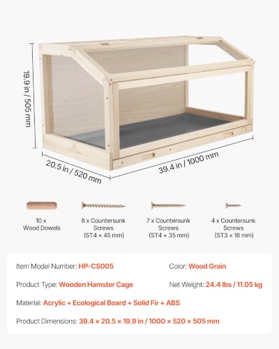 VEVOR Wooden Hamster Cage 39.4"x20.5"x19.9" 270° Viewing Hamster Habitat, Chewproof Acrylic Small Animal Cage with Openable Top, Large Pet Enclosure for Syrian/Dwarf Hamsters, Guinea Pigs & Gerbils - size: 39.4"L x 20.5"W x 19.9"H