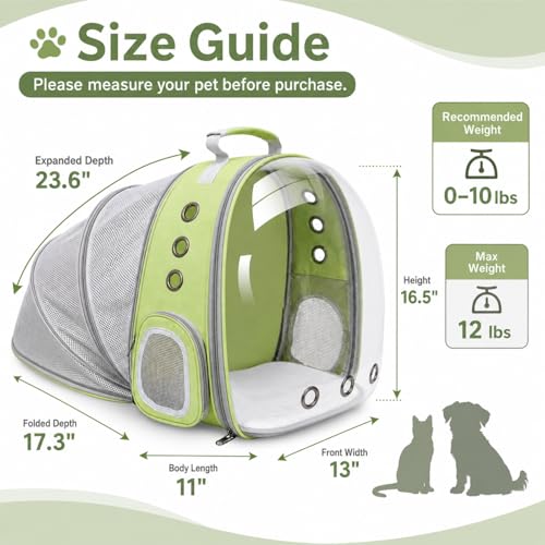 Expandable Cat Carrier Backpack with Bubble Window and Mesh, Light Green | Anti-collapse frame, breathable mesh, escape-resistant zipper clips and safety leash for vet visits and outdoor travel. - color: LightGreen