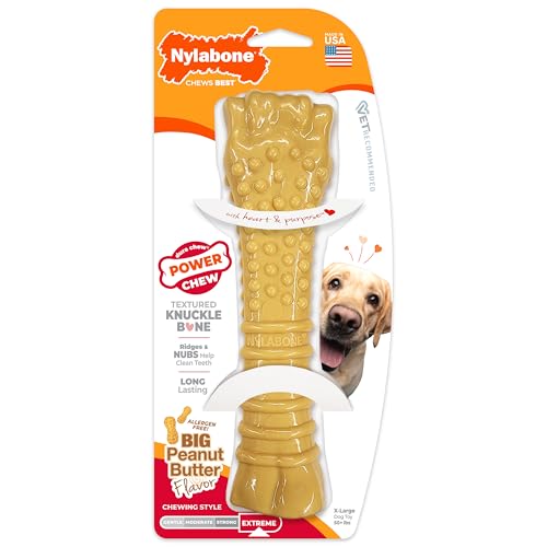 Nylabone Power Chew Textured Bone Dog Toy, Peanut Butter Flavor, X-Large | Durable dog toys, long lasting, discourages destructive chewing, teeth-cleaning texture, flavor throughout, for dogs 50+ lbs - size: X-Large
