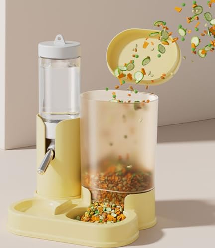 Leak-Proof Hamster Water Bottle & Automatic Feeder Combo | Transparent Food Dispenser with Stainless Steel Nozzle, Easy to Clean（Yellow)
