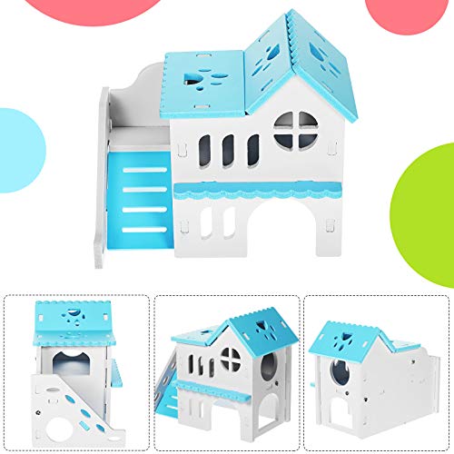 Skylety 5 Pcs Hamster Toys Include Wooden Accessories Hamster House Guinea Pig Hideout Rainbow Bridge Seesaw Swing Exercise Circle Cage Toy for Small Animals(6.3 x 3.93 x 5.5 Inch,Blue) - color: Blue