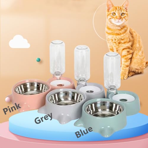 J&L VVMEET Dog Bowls, Cat Food and Water Bowl Set with Water Dispenser | Gravity Pet Feeder and Waterer Set with Detachable Stainless Steel Bowl Automatic Water Refill for Cats Dogs Puppy Rabbit - color: Grey