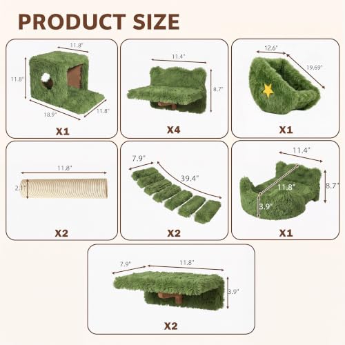 13-in-1 Cat Wall Shelves, Moon & Bridge Cat Wall Furniture, Green | Wall Mounted Cats Shelf Set with Plush Fabric, Cat Climbing Systems for 16 Inch Drywall, Condo, Scratching Post, Space-Saving - color: Green, size: 13-in-1